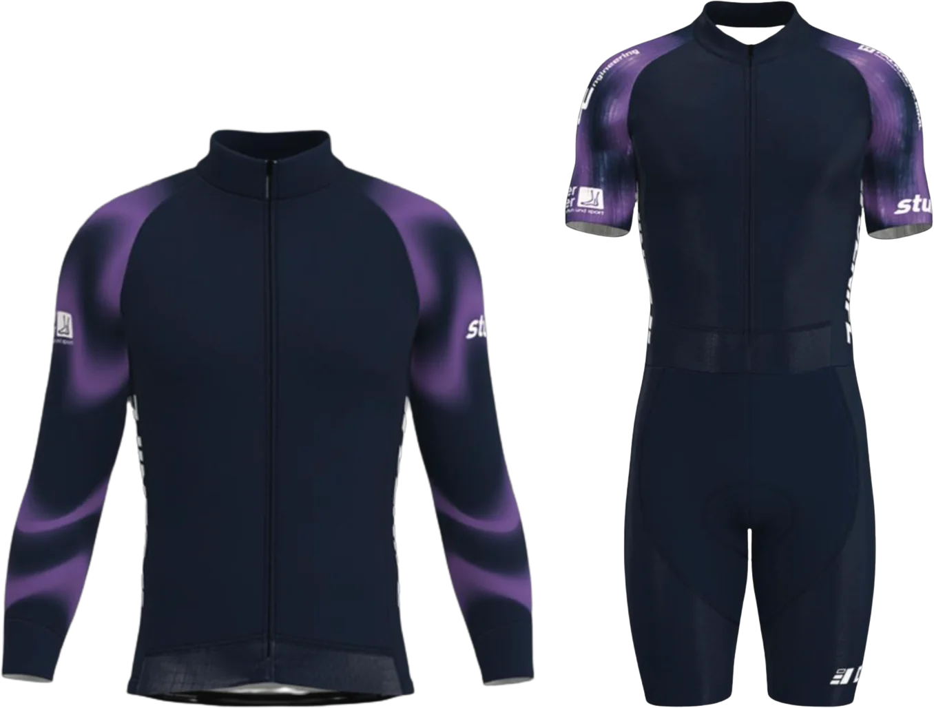 Entwurf eines Rennanzugs und Langarmtrikots in Dunkelblau und Violett mit Logoflächen