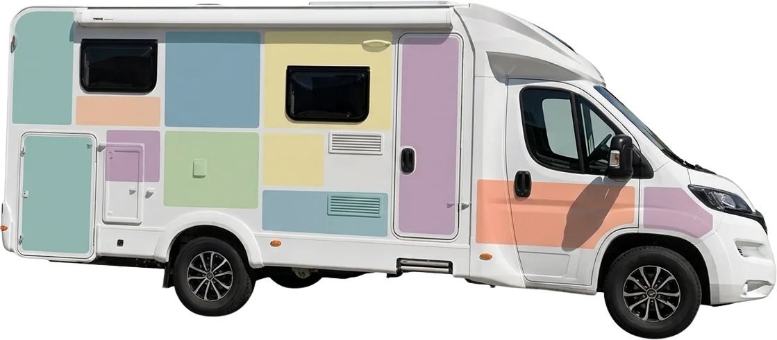 Visualisierung: Wohnmobil „Wolfram“ mit markierten Flächen für Partnerlogos